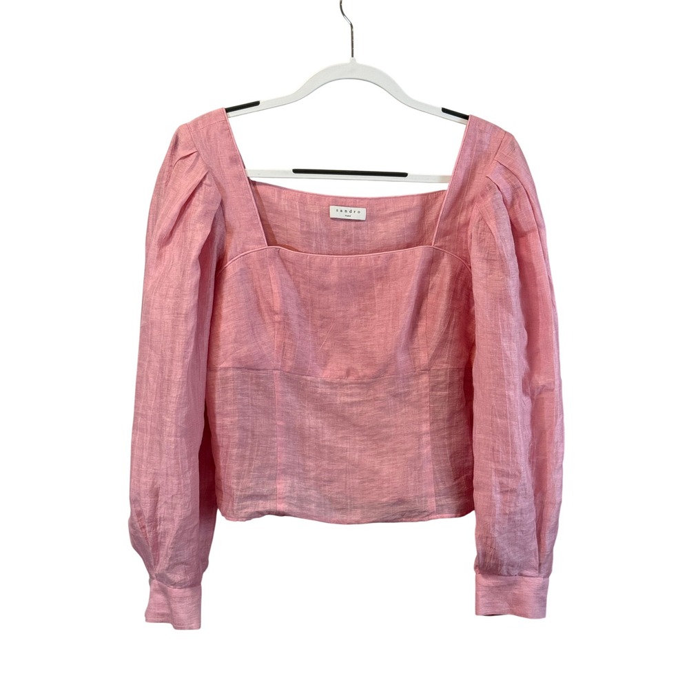 Sandro Womens Pink Square Neck Puff Sleeve Linen Blend Blouse Size 4